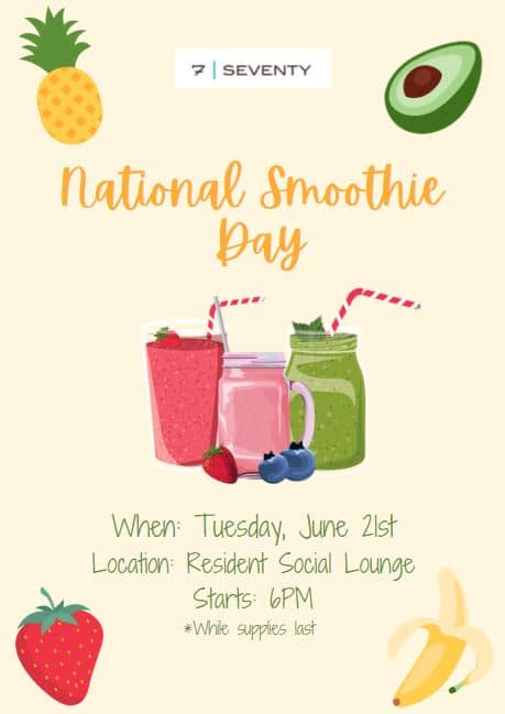 Apartments in Houston’s Energy Corridor A flyer highlighting the celebration of National Smoothie Day and showcasing apartments available for rent in Houston's Energy Corridor.