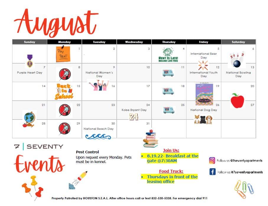 Apartments in Houston’s Energy Corridor An August calendar featuring apartments for rent in Houston's Energy Corridor.