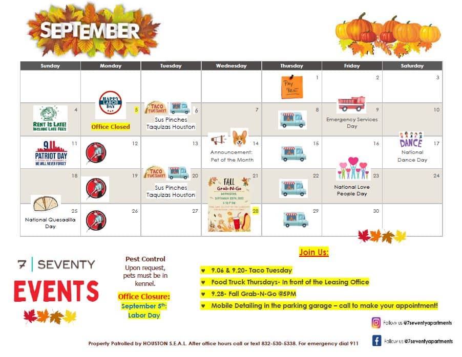 Apartments in Houston’s Energy Corridor A calendar with a variety of events for the month of September, including apartments for rent in Houston's Energy Corridor.